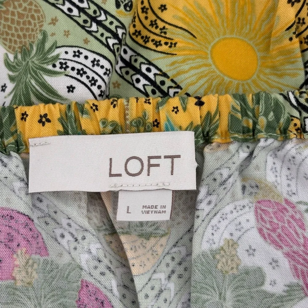 Loft Women's L Top Parrot Pineapple Print‎ Square Neck Sleeve Peasant Blouse
